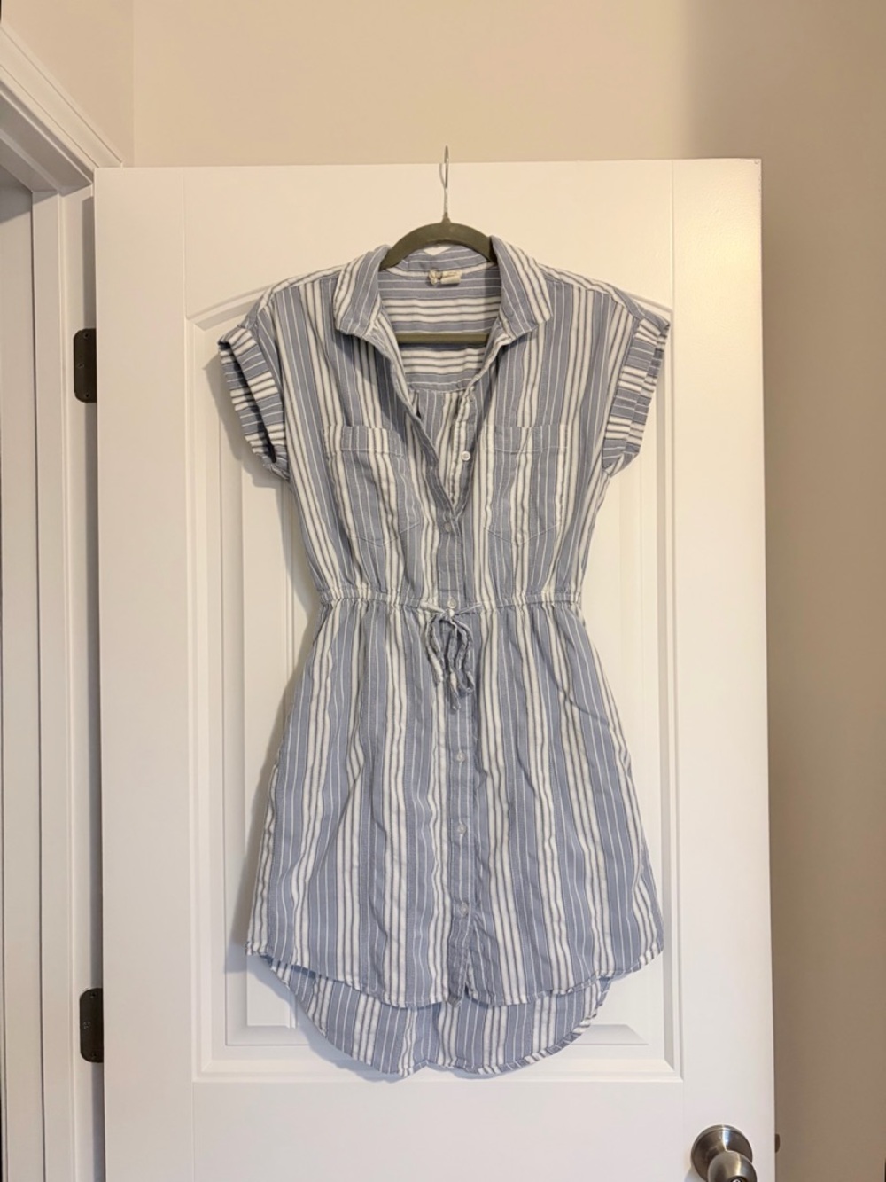Japna Striped Blue and White Dress with Drawstring Waist | Size Small